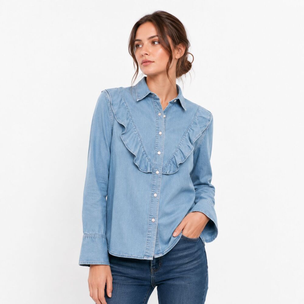 Ruffle Chambray Western Cottagecore Boho Denim Blue Shirt Top Chelsea & Violet L
